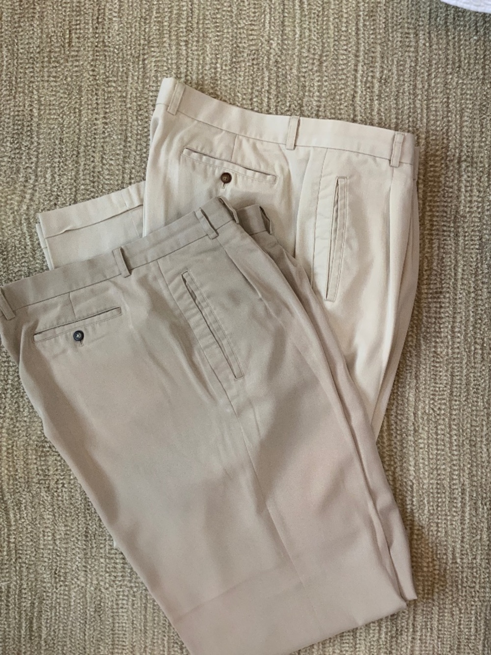 Two pairs of men’s Cutter and Buck pleated dress pants 42x34 tan and khaki